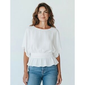 Persaya XL White Smocked Waist Peplum Blouse Short Dolman Sleeve Coquette Chic